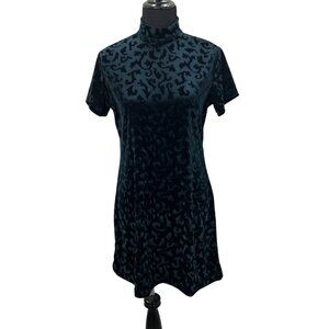 Vintage Cassino Green Velvet Velour Dress S M Vine Pattern Mini Mock Neck Fairy